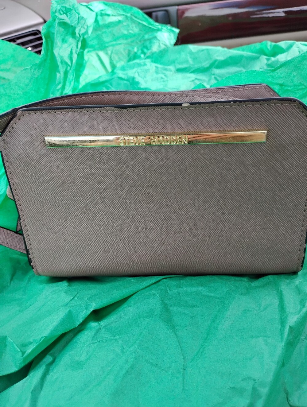Steve Madden Beige Taupe Crossbody with Gold Logo Bar
